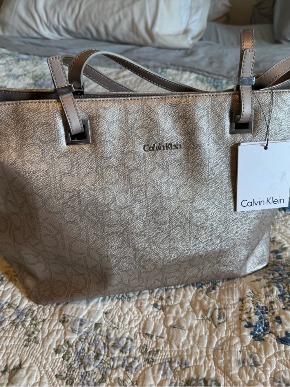 Calvin Klein Metallic Taupe Tote with Monogram Detail